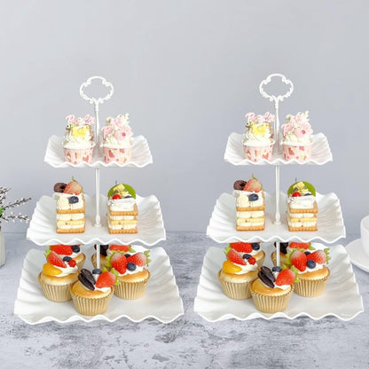 2 Pack of Plastic Square Dessert Cupcake Stand, 3 Tier Cup Cake Holder Tower for Tea Party/Birthday/Wedding, Plastic Tiered Serving Tray (Pink)