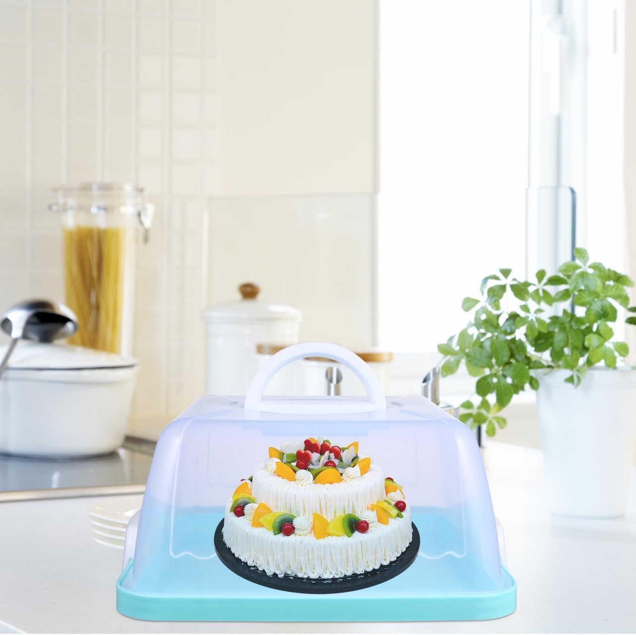 Square Cake Carrier Cover Portable Cake Carrier Cake Storage Box Handle Blue 8 Inch