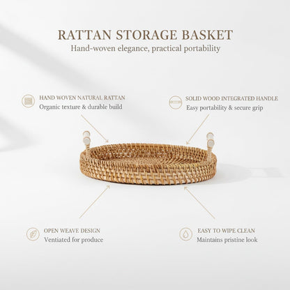 Hand Woven Rattan Basket with Wood Handle, Open Weave Storage Bin for Countertop Organization, Produce, and Home Decor