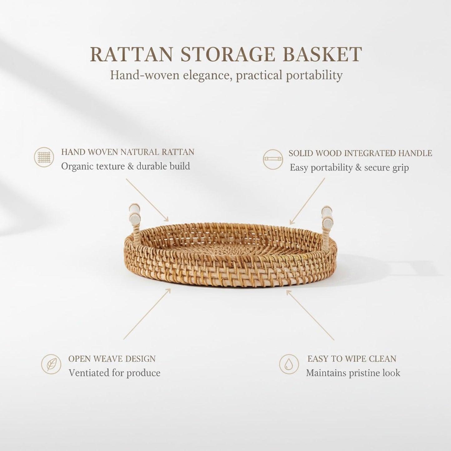 Hand Woven Rattan Basket with Wood Handle, Open Weave Storage Bin for Countertop Organization, Produce, and Snacks