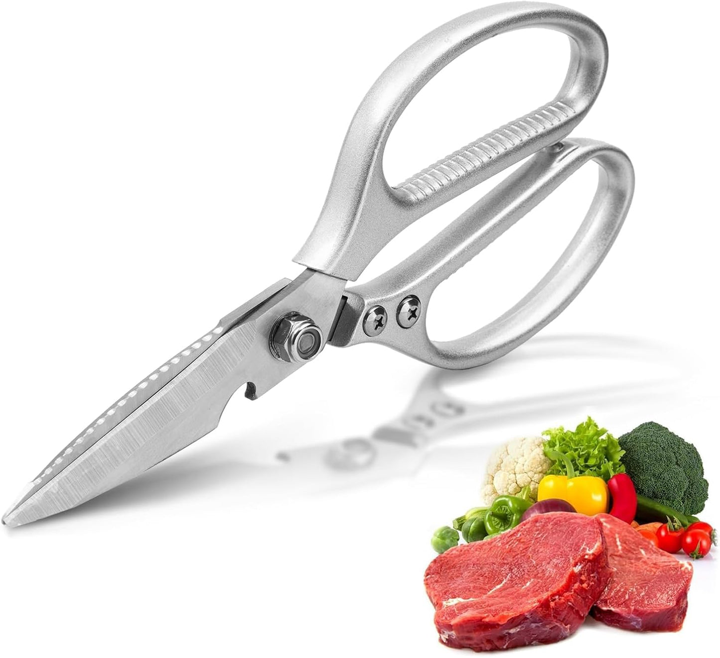 Stainless Steel Kitchen Shears Heavy Duty Full-Steel Forged Metal Scissors for Food, Professional Chef Shears Bone Cutting Meat Pizza Scissors Kitchen Utensils Come Apart, Silver