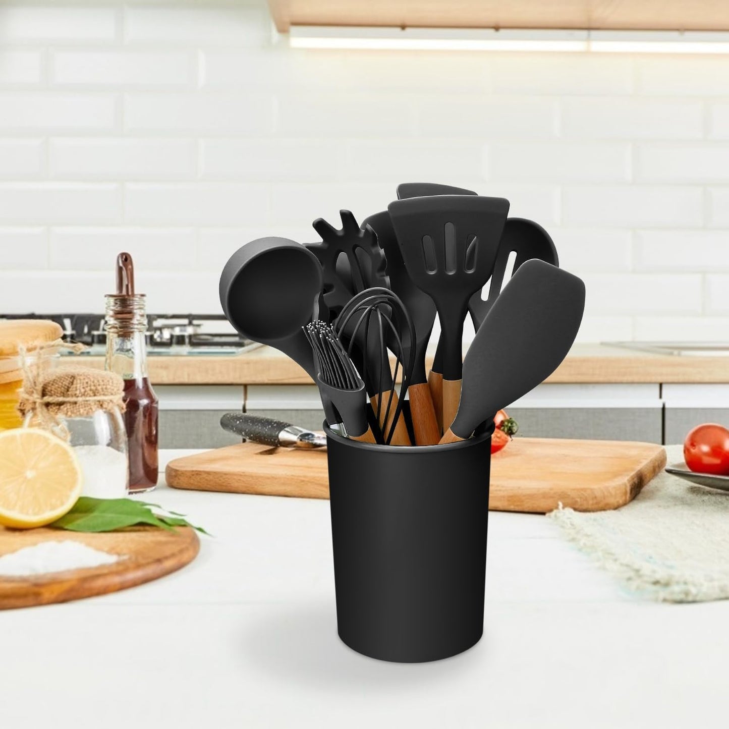 11-Piece Heat-Resistant Silicone Utensil Set with Wooden Handles & Holder — Spatula, Ladle, Tongs, Spaghetti Server, Whisk, Spoon, Carbon-Steel Core, Nonstick-Safe Kitchen Tools