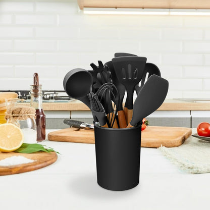 11-Piece Heat-Resistant Silicone Utensil Set with Wooden Handles & Holder — Spatula, Ladle, Tongs, Spaghetti Server, Whisk, Spoon, Carbon-Steel Core, Nonstick-Safe Kitchen Tools