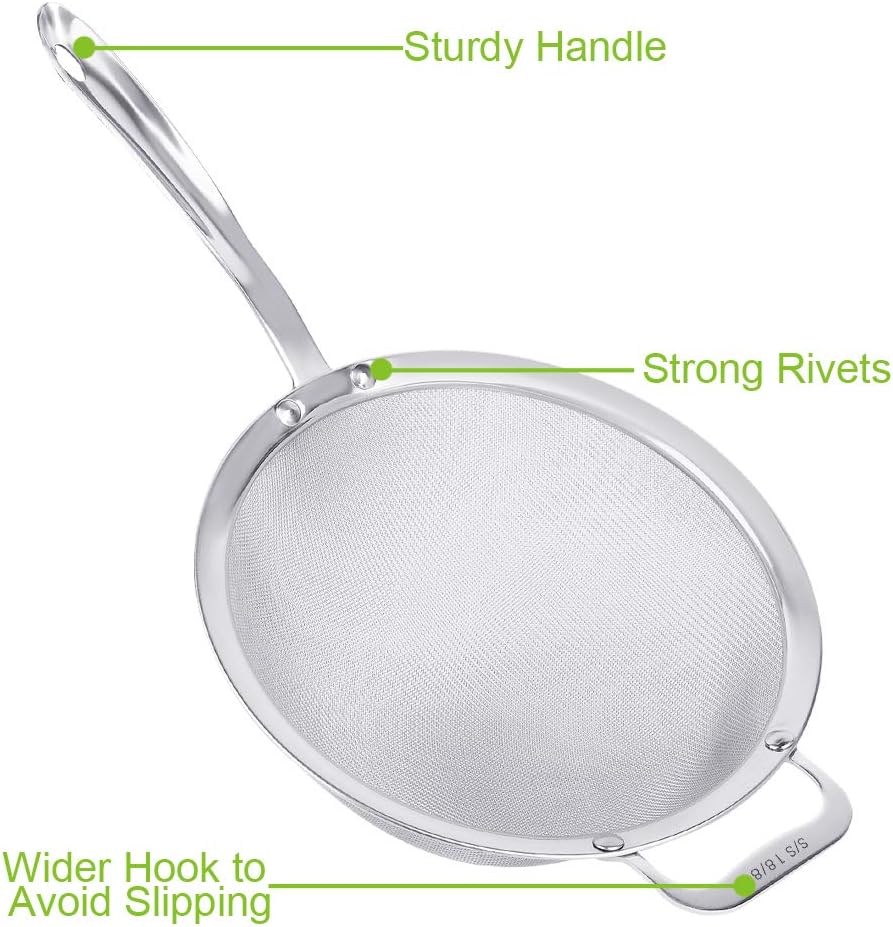 9" Large Fine Mesh Strainer, Stainless Steel 18/8 Extra Fine Mesh Quinoa Sieve, with Solid Sturdy Handle, Flour Filter with Wider Hook