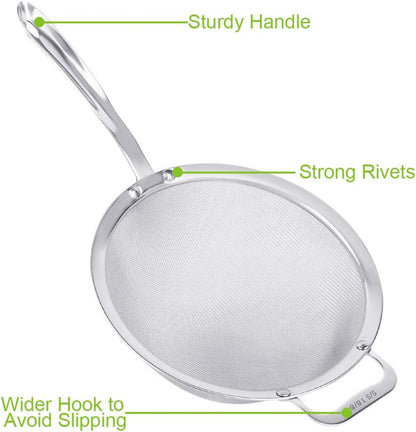 9" Large Fine Mesh Strainer, Stainless Steel 18/8 Extra Fine Mesh Quinoa Sieve, with Solid Sturdy Handle, Flour Filter with Wider Hook
