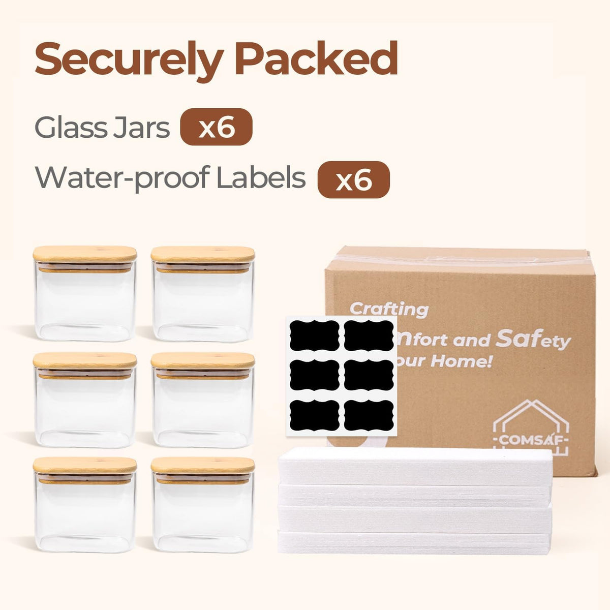 ComSaf Glass Storage Containers With Lids 6-Pack (0.7qt/1.2qt/1.6qt), Glass Pantry Storage Containers, Rectangular Glass Jars With Lid, Glass Canisters For Kitchen Flour Cereal Sugar Tea Coffee Bean