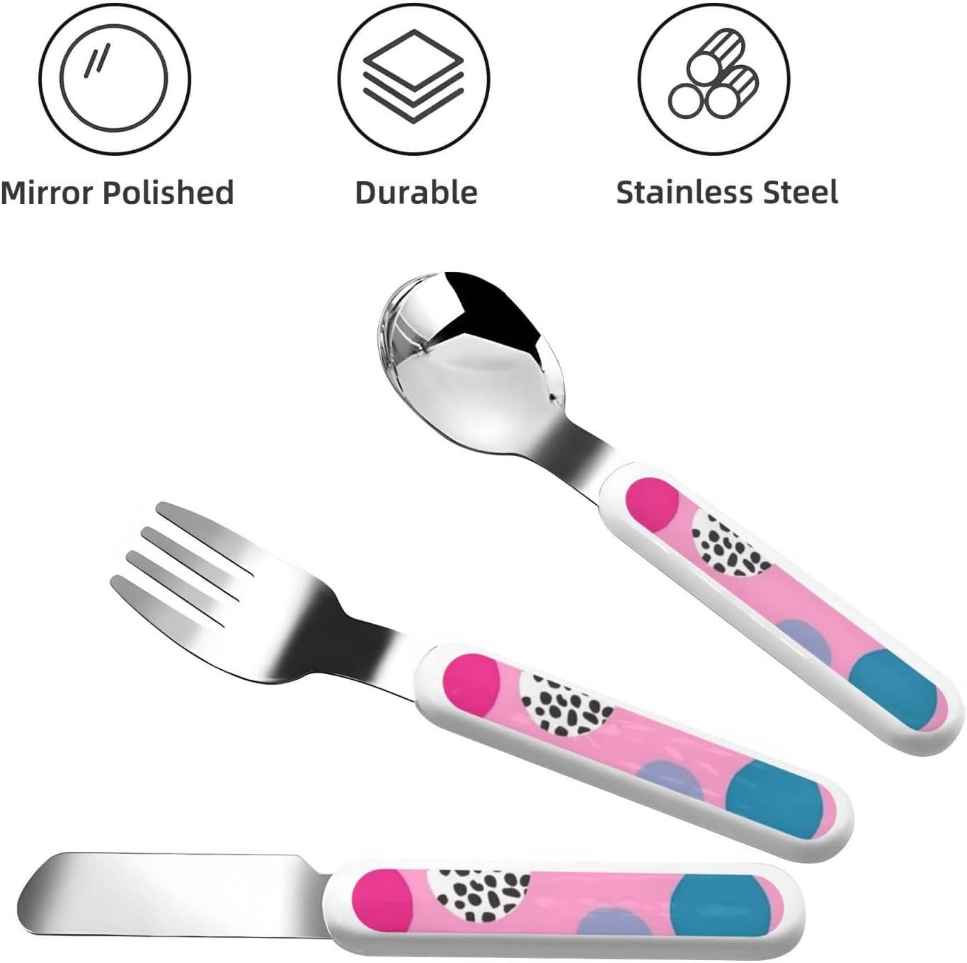 3-Piece Children Utensils Set Crazy polka dots Knife Spoon Fork Set Stainless Steel Silverware Set Easy-Grip Reusable Utensils Set Child Flatware Set with Case for Lunch Travel