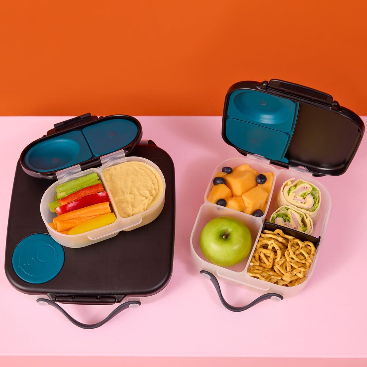 b.box Snack Box 2-Pack - Leak Proof Mini Bento Box for Kids & Toddlers, 2 Compartment Snack Containers for Kids, Dishwasher Safe, BPA-Free, PFAS-Free, Ages 4mo+, 1 3/4 Cup Each (Strawberry + Lilac)