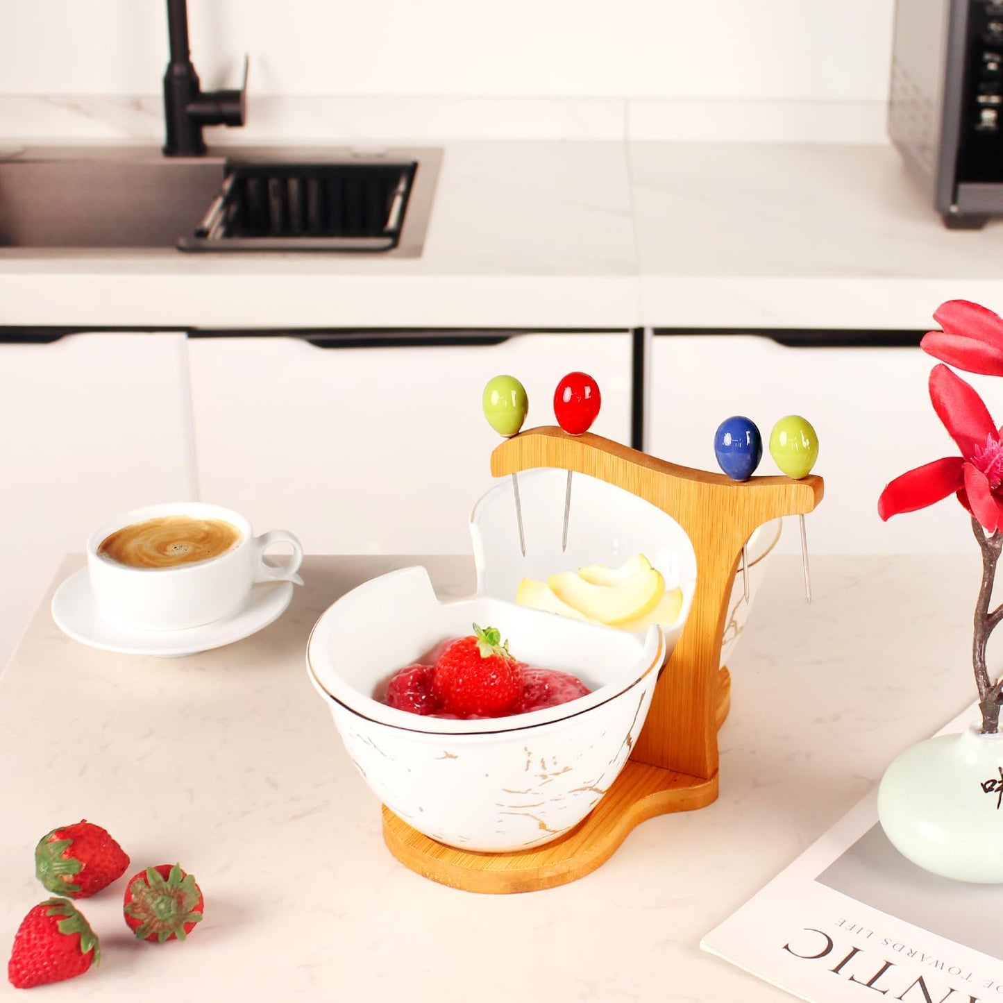 Chip and Dip Bowl Serving Set, Ceramic White Divider Bowl with bamboo base and 4 pcs forks, 34 Oz Seasonings side dishes Bowl Buffet Serving Set, for Entertainment parties, leisure