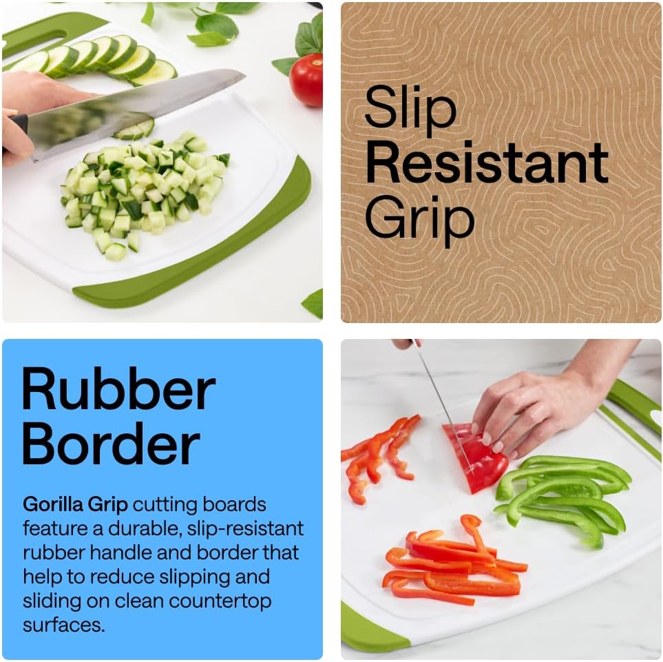 GORILLA GRIP BPA-Free Reversible Kitchen Cutting Board Set of 3, US Designed, Nonporous, Juice Grooves Catch Liquid, Slip Resistant Border, Dishwasher Safe, Durable Large Food Chopping Boards, Black