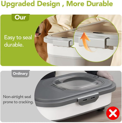 Summark 15 Lbs Dog/Cat Food Storage Container,Collapsible Food Storage Containers with Rolling Wheel Airtight Locking Lid,Pet Food Storage Container with Cup and Scoop,Grey