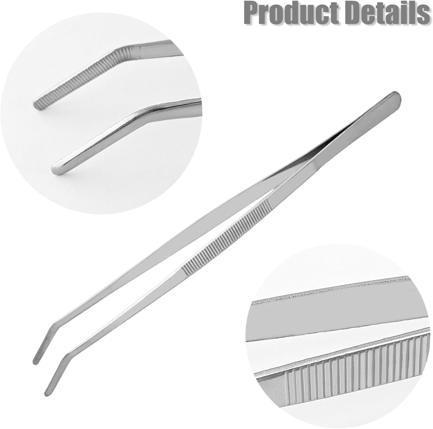 4 Pcs Kitchen Tweezers Fine Cooking Tongs 10 Inch & 12 Inch Stainless Steel Precision Serrated Tongs with Straight & Curved Round Tips for Cooking Serving & Barbecue