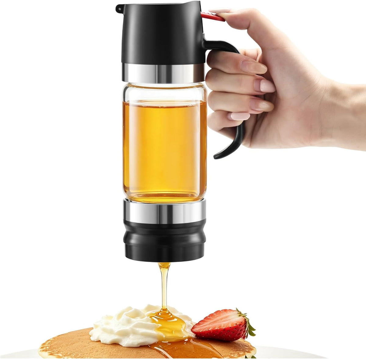 Glass Honey Dispenser Push-Button with Handle (Yellow), No Drip Glass Jar, Leak-Proof Bottom: One-Handed Press to Serve Honey or Syrup onto Coffee, Tea, Pancakes & Desserts (Yellow, 9, ounces)