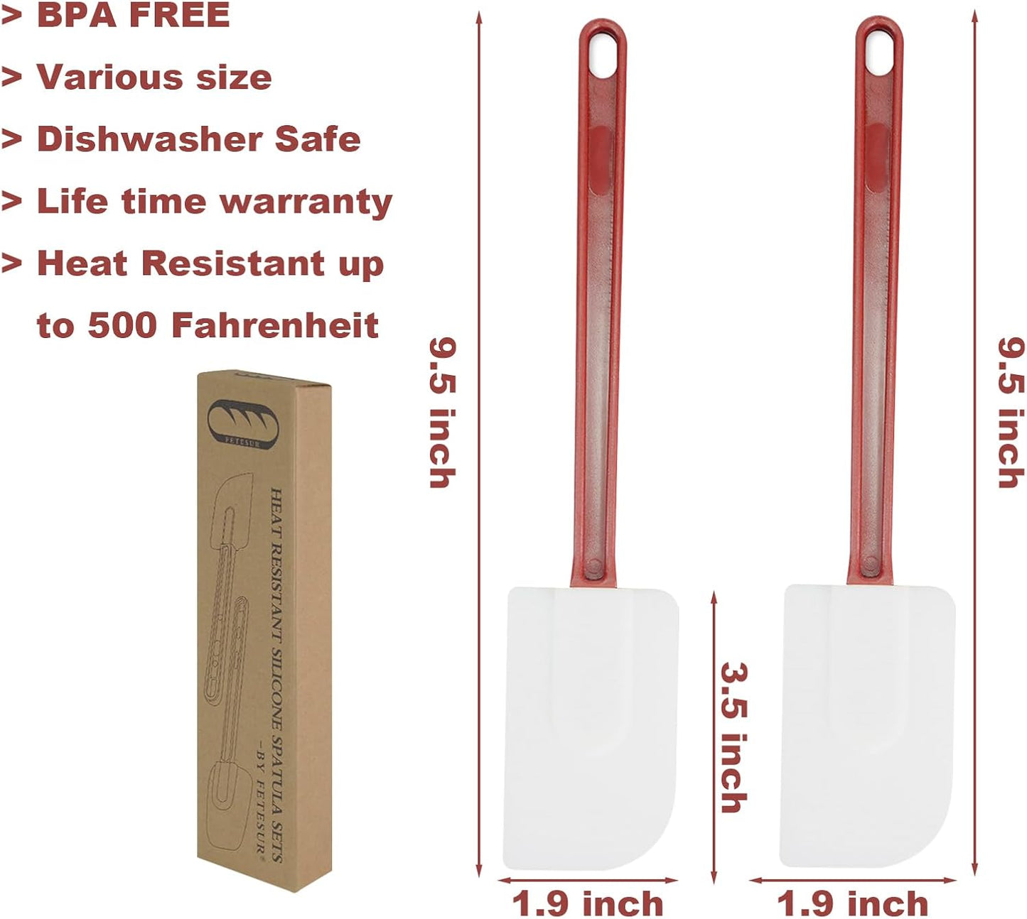 High Heat Resistant Silicone Scraper Spoon Commercial Spatula for Cooking, Rubber Spatula Set of 2 (9.5'')
