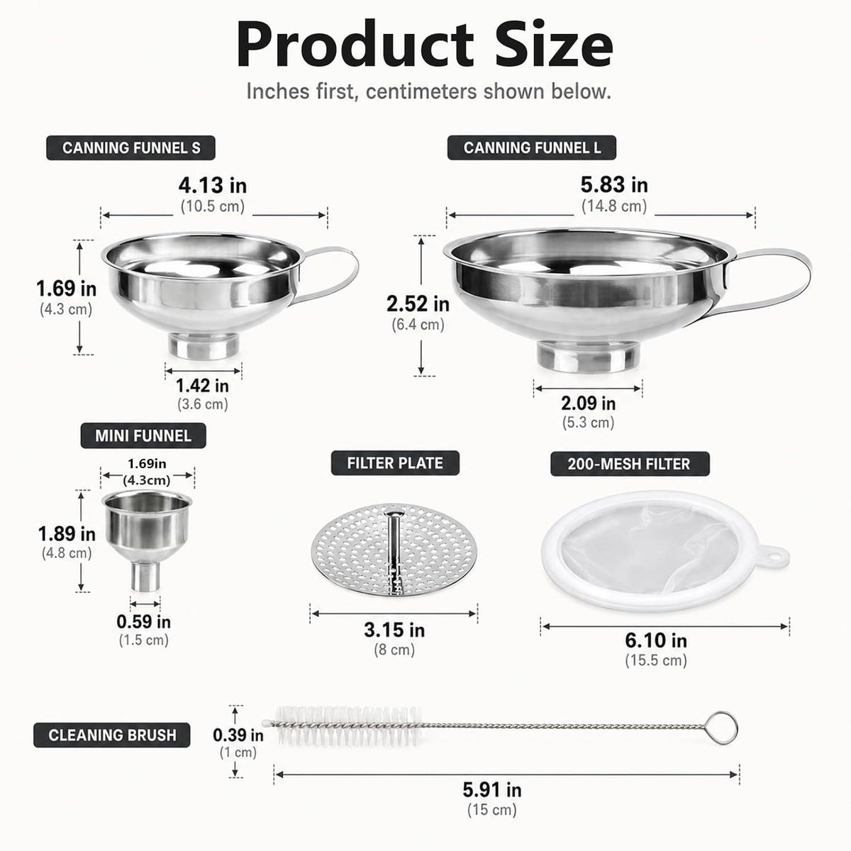 Canning Funnel with Strainer, Wide Mouth Funnel for Mason jar, Stainless Steel Canning Supplies with Cleaning Brush for Kitchen Use, 3 Pack (Small and Large)