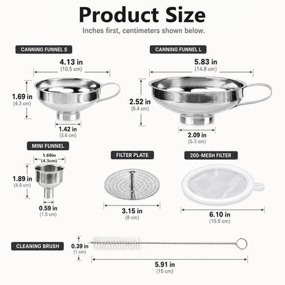 Canning Funnel with Strainer, Wide Mouth Funnel for Mason jar, Stainless Steel Canning Supplies with Cleaning Brush for Kitchen Use, 3 Pack (Small and Large)