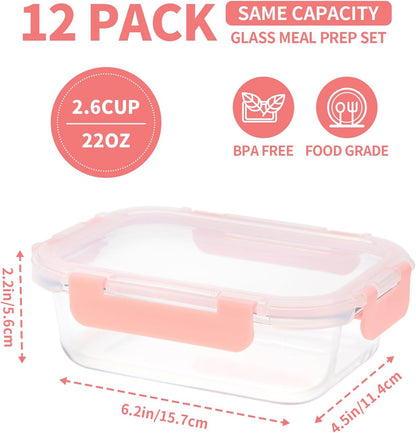 GULFLIN 12 Pack 22oz Glass Meal Prep Containers, Food Storage Containers with Lids, Air-Tight, Leak-Resistant, Freezer to Microwave Safe - Grey Set