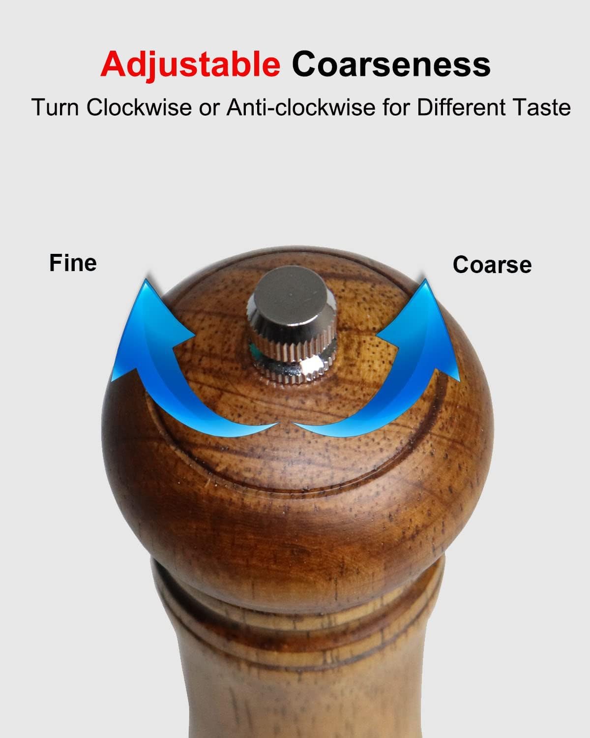 Pepper Grinder Salt Grinder Wooden Pepper Mill Grinder w/Adjustable Coarse, 8 inch Tall Wood Refillable Manual Pepper Grinder Mill Peppermill for Black Peppercorn, Easy Clean w/Cleaning Brush