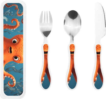 3-Piece Kids Silverware Set With Storage Case, Stainless Steel Reusable Children Safe Knife Spoon Fork Set Blue Active Girl Running Sunset Children Flatware Set For Kids Lunch Box - Colors C