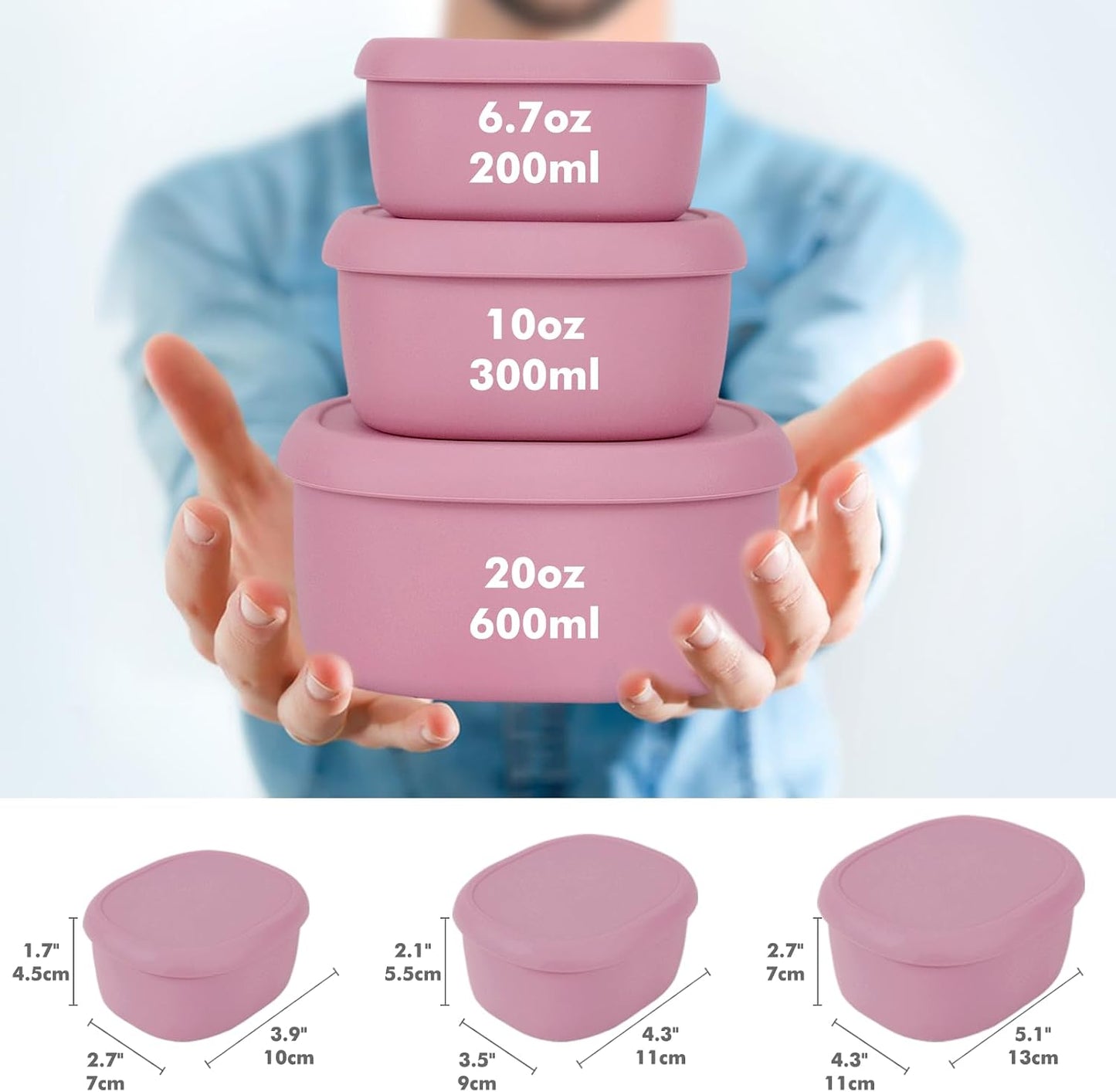 Anatole Silicone Food Storage Lunch Bento Box Set of 3 Reusable Nesting Containers with Lids BPA Free Dishwasher Microwave Oven Freezer Safe Leakproof (6.7oz, 10oz, 20oz)