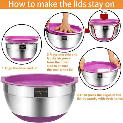 Umite Chef Mixing Bowls with Airtight Lids, 6 piece Stainless Steel Metal Nesting Storage Bowls, Non-Slip Bottoms Size 7, 3.5, 2.5, 2.0,1.5, 1QT, Great for Mixing & Serving (Khaki)