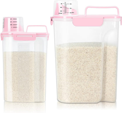 TBMax 2 Pack Airtight Rice Container 5 Lbs +10 Lbs, Cereal Container Oatmeal Storage with Easy-pouring Spout & Handy Cup for Flour Grain Beans, Pet Dog Cat Bird Food Storage Dispenser -Pink