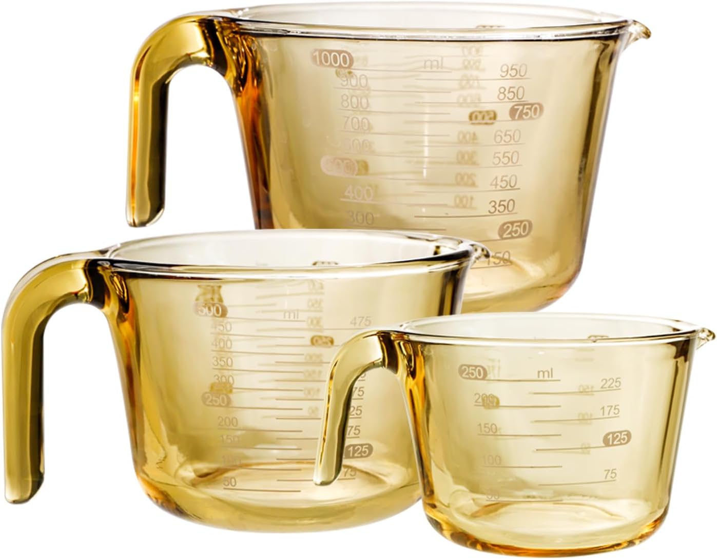 Kitchen Glass Measuring Cup Three-Piece Set, Measuring Jug with Scale,Egg Beater，Flour Measurers， Dishwasher Safe (250ml/1Cup, 500ml/2Cup, 1000ml/4Cup)(Transparent)