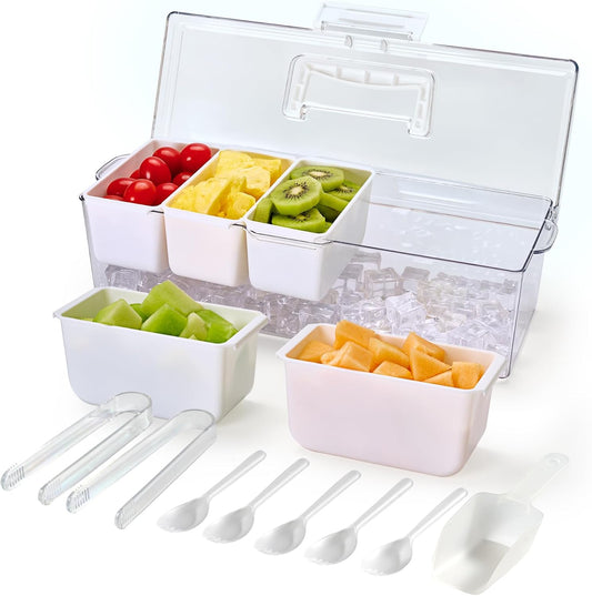 Luckore 2 Pack Chilled Condiment Tray Server with 5 Removable Small Compartments Containers & Hidden Handle Design, Ice Chilled Condiment Organizer, Garnish Serving Tray for Camping, Fruit, Salad