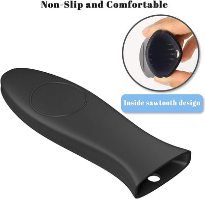 4 Pack Silicone Hot Skillet Handle Holder and Pot Holders Cover Sleeve, Heat Resistant Cast Iron Potholder Protectors Grip, Anti-Spill Non-Slip Cookware Handles for Pans,Oven (Black)