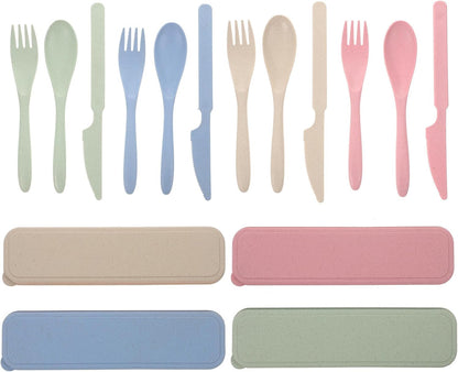CHILDWEET 4 Sets Reusable Forks and Spoons Tableware Set with Portable Wheat Straw Case, Lightweight Travel Utensils for Camping, Picnic, Lunch Box, Outdoor Use