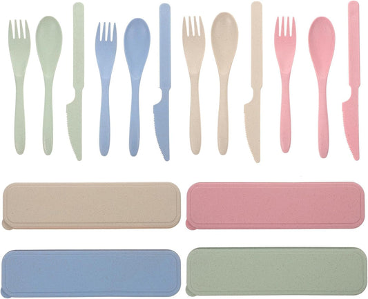 CHILDWEET 4 Sets Reusable Forks and Spoons Tableware Set with Portable Wheat Straw Case, Lightweight Travel Utensils for Camping, Picnic, Lunch Box, Outdoor Use