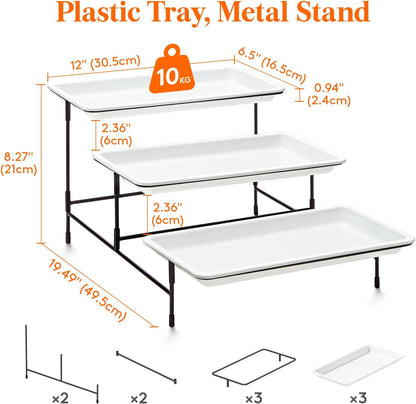 Lifewit 3 Tier Serving Tray, 30 x 17 cm/12 x 6.5" White Plastic Tiered Food Serving Platters, Tiered Tray Stand for Party with Black Collapsible Metal Stand, Dessert Display Stand for Cookies/Crackers