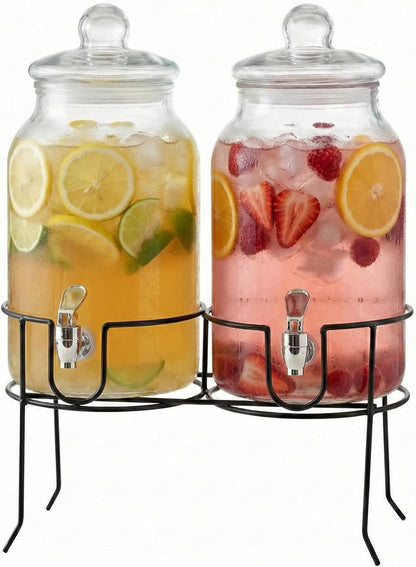 Style Setter Rustic Home Beverage Dispenser Set of 2 Cold Drink Dispenser w/ 1-Gallon Capacity each Glass Jug, Metal Rack & Leak-Proof Acrylic Chrome Spigot Great for Parties, Weddings
