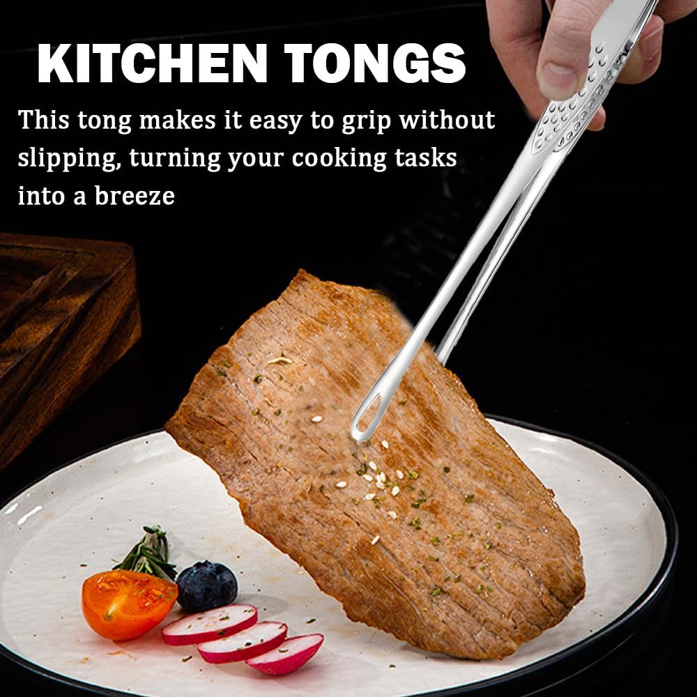 2PCS Kitchen Tongs Tweezers for Cooking 9.6 Inch 304 Stainless Steel Korean BBQ Grill Tongs Silver Heat Resistant Cooking Tongs for Salad Fish Steak Barbecue Buffet Meat Serving
