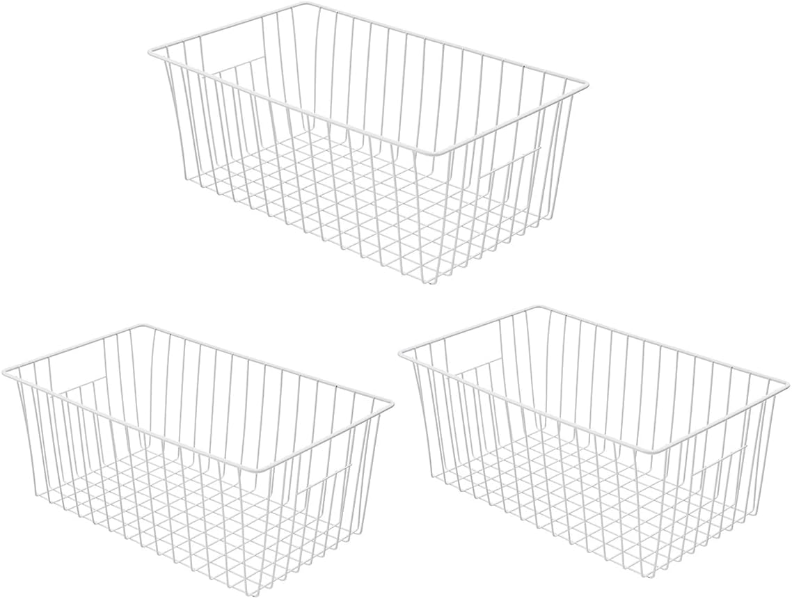 16inch Farmhouse Freezer Wire Baskets Organizer Storage Bins Large Organizer Baskets with Handles for Storage, Office, Kitchen, Pantry, Cabinet, Closets - Set of 6 (White 6)