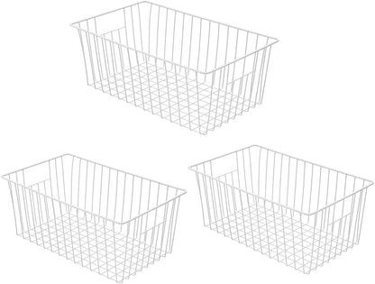 16inch Farmhouse Freezer Wire Baskets Organizer Storage Bins Large Organizer Baskets with Handles for Storage, Office, Kitchen, Pantry, Cabinet, Closets - Set of 6 (White 6)