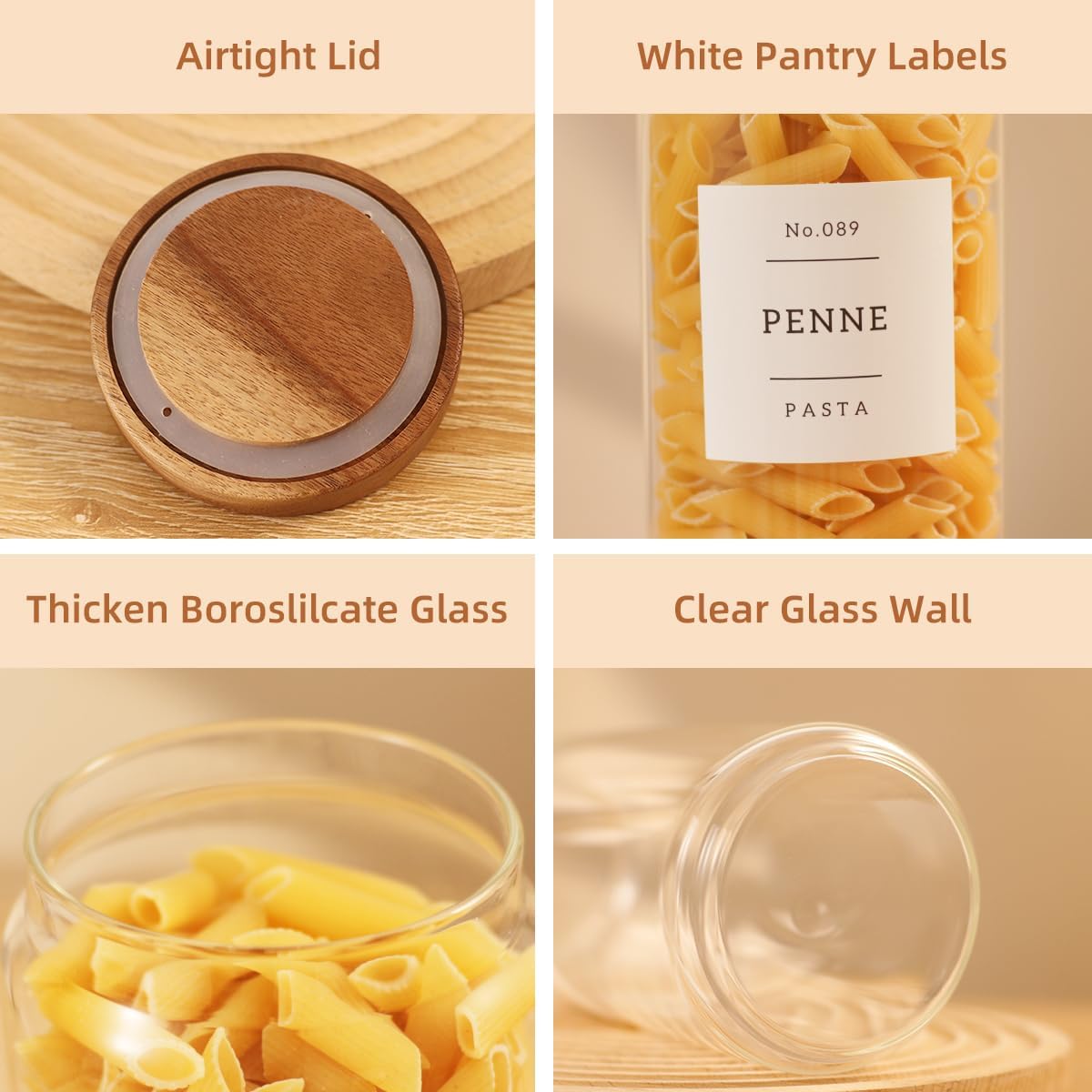 2 Pack Large Glass Flour and Sugar Storage Containers with Airtight Acacia Wood Lids and 132 Kitchen Pantey Labels Preprint - 1 Gallon Borosilicate Glass Canister Sets for Food,Pasta,Cookie,Rice