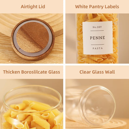 2 Pack Large Glass Flour and Sugar Storage Containers with Airtight Acacia Wood Lids and 132 Kitchen Pantey Labels Preprint - 1 Gallon Borosilicate Glass Canister Sets for Food,Pasta,Cookie,Rice