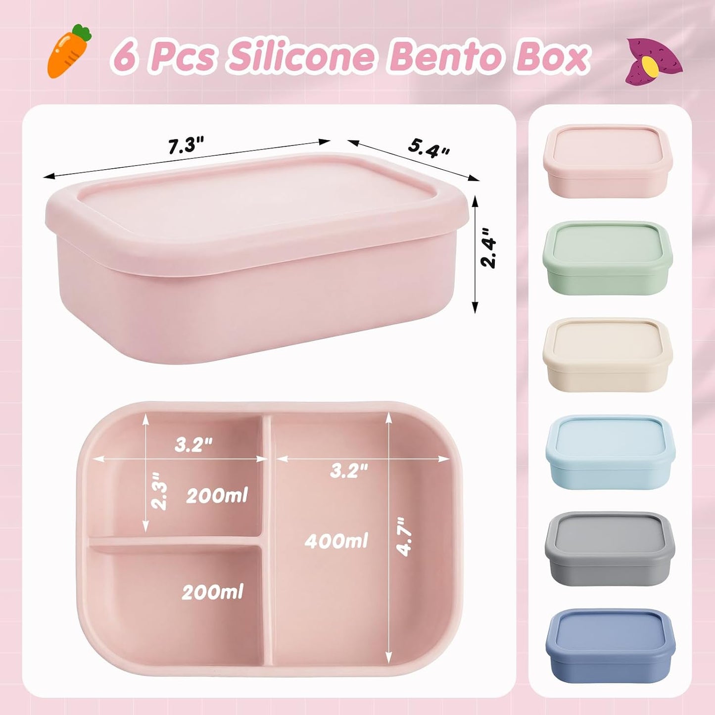 Layhit 4 Pcs Silicone Bento Box for Adults, 27 oz Bento Lunch Container Reusable 3 Compartment Lunchable Food Container for Women Men, Leak Proof Microwave Dishwasher Freezer Safe (Cool Colors)