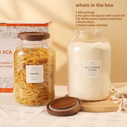 2 Pack Large Glass Flour and Sugar Storage Containers with Airtight Acacia Wood Lids and 132 Kitchen Pantey Labels Preprint - 1 Gallon Borosilicate Glass Canister Sets for Food,Pasta,Cookie,Rice