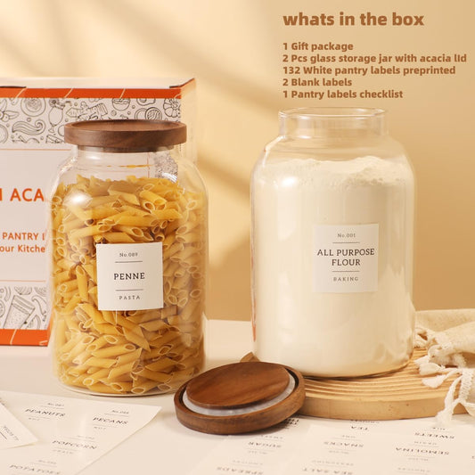 2 Pack Large Glass Flour and Sugar Storage Containers with Airtight Acacia Wood Lids and 132 Kitchen Pantey Labels Preprint - 1 Gallon Borosilicate Glass Canister Sets for Food,Pasta,Cookie,Rice