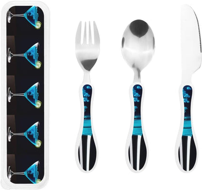 3-Piece Kids Silverware Set With Storage Case, Stainless Steel Reusable Children Safe Knife Spoon Fork Set Blue Active Girl Running Sunset Children Flatware Set For Kids Lunch Box - Colors B