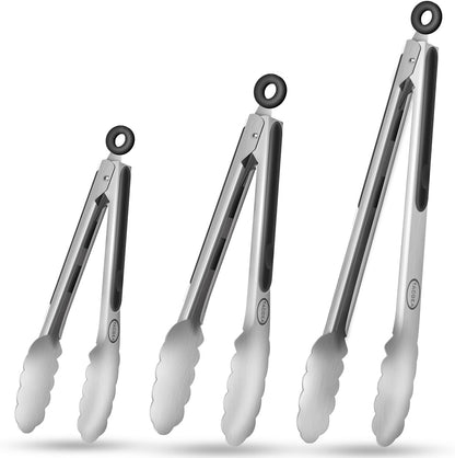 TACGEA Stainless Steel Kitchen Tongs, Silicone Non-slip Grip, Locking Grilling Food Tongs Set of 2, 9-inch & 12-inch