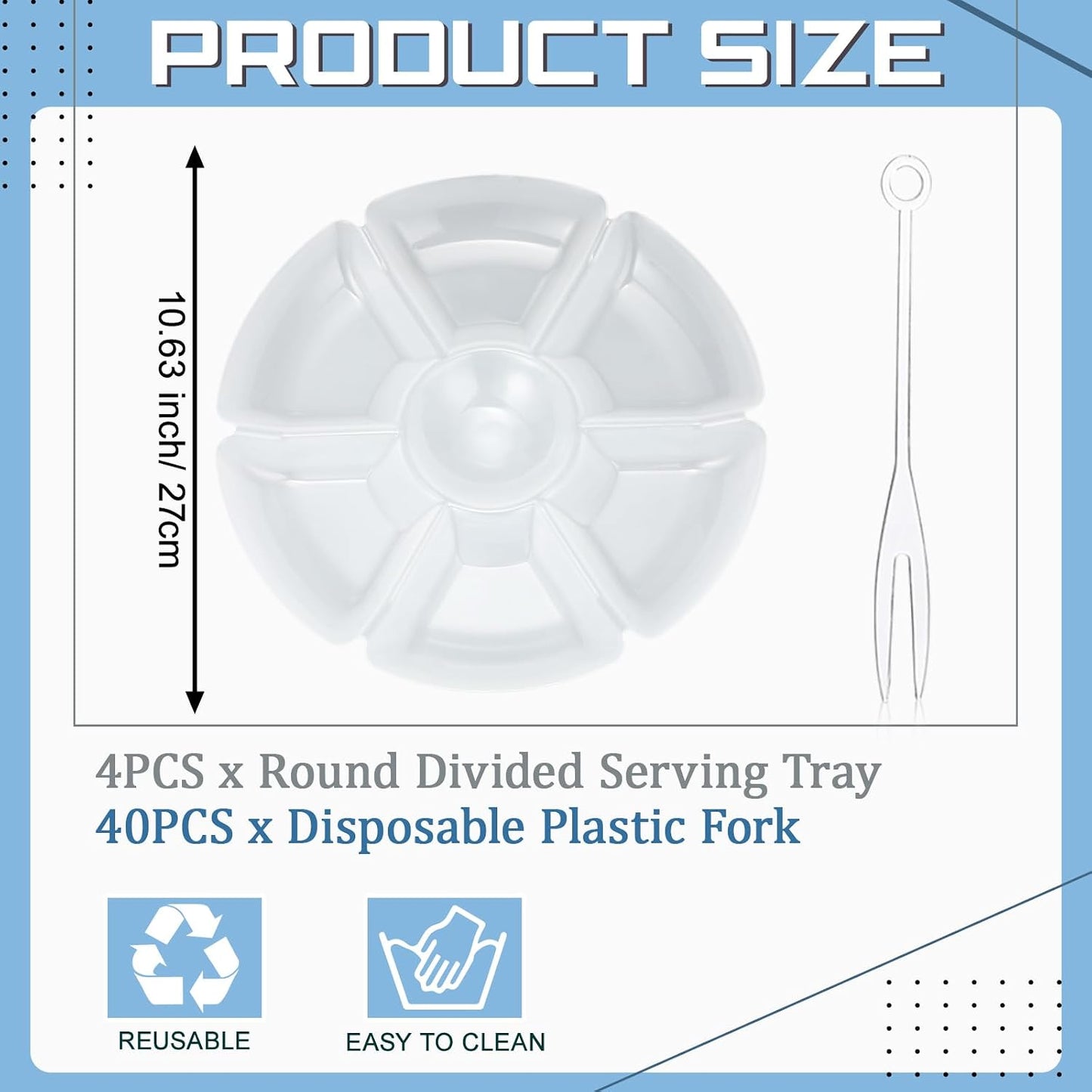 Zhehao 4 Pcs Sectional Heavyweight Plastic Divided Plates Serving Trays with 40 Disposable Forks 10.6" 7 Section Round Chip Dip Plate Snack Food Platter for Nut Candy Veggie Fruit (Blue)