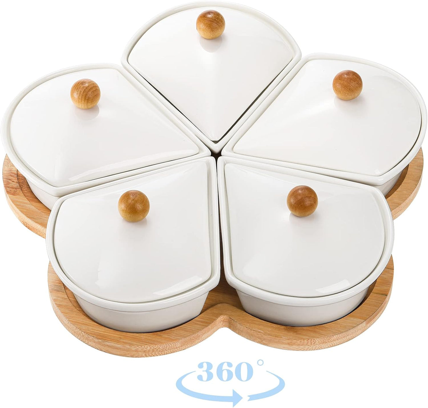 yarlung Lazy Susan Divided Serving Dishes Appetizer Tray, 5 Removable Ceramic Snack Bowls with Lids and Bamboo Platter, Relish Tray Nuts Dishes for Chips, Fruits, Candy