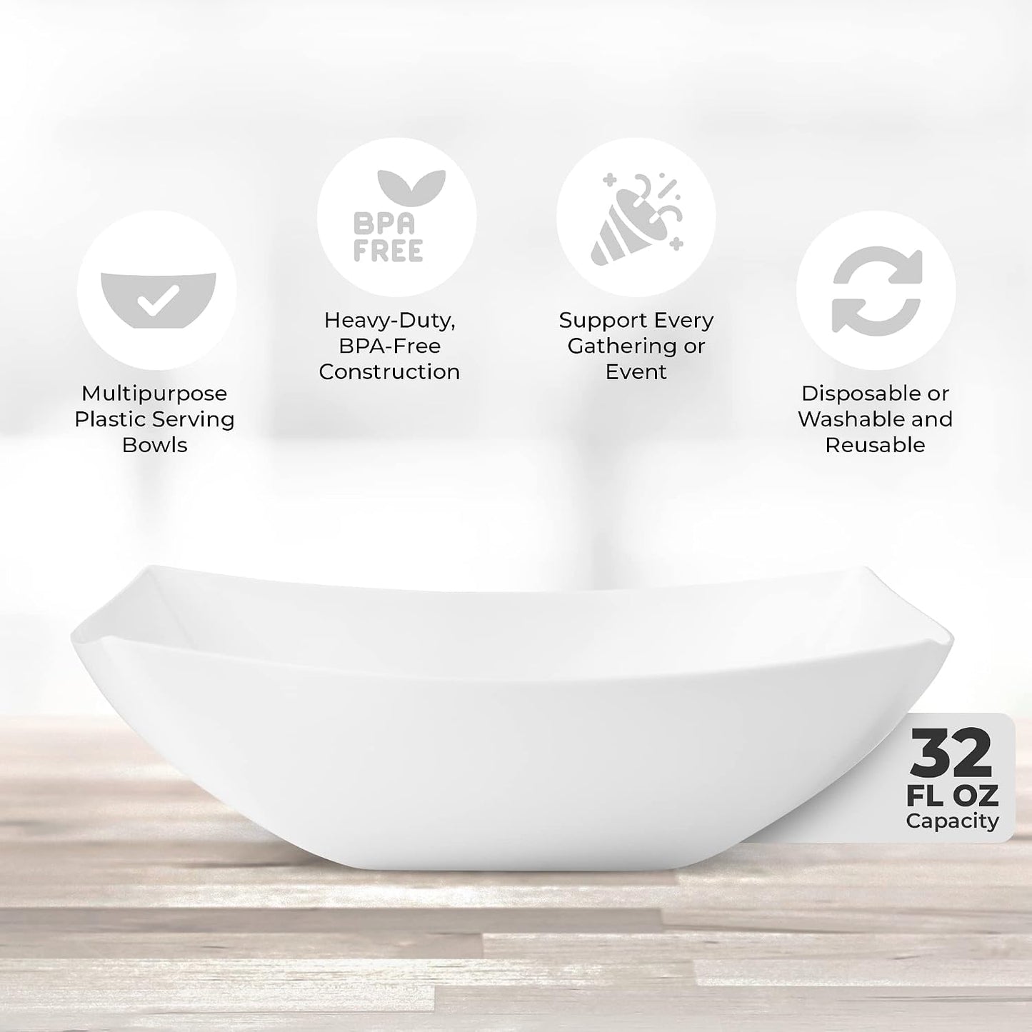 Posh Setting - White Plastic Square Serving Bowls for Party (16oz - 4 Pack), Disposable & Candy Containers for Party Table & Buffet