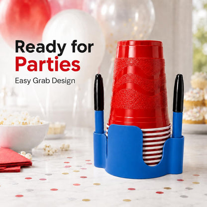Party Cup Dispenser with Marker Holder – Stackable Plastic Cup Organizer for Parties, Events, BBQs, Picnics, Graduations & Drink Stations, Cup and Marker Caddy, Black (Red)