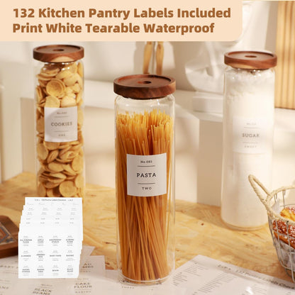 2 Pack Large Glass Flour and Sugar Storage Containers with Airtight Acacia Wood Lids and 132 Kitchen Pantey Labels Preprint - 1 Gallon Borosilicate Glass Canister Sets for Food,Pasta,Cookie,Rice