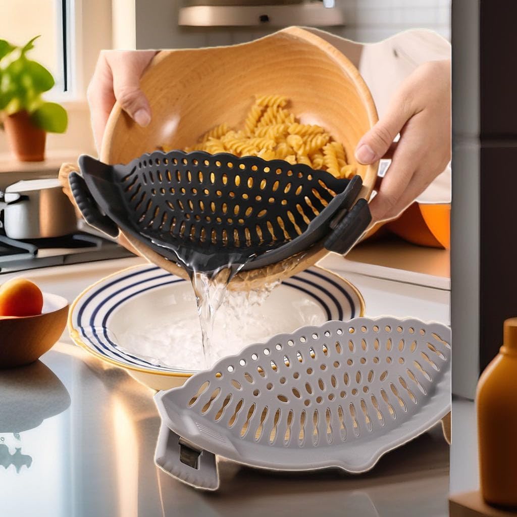 Cooking Tools for Kitchen/A Clip-on Silicone Strainer Purple Pots and Pans Set/Unique Gifts for Cooks/Gifts for Mom Useful/Cooking Gifts for Women (Grey), large, KIER-1, Gray