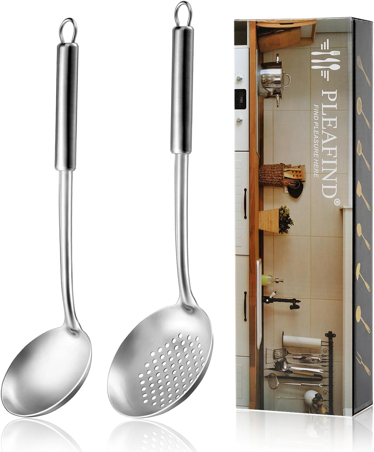 Pleafind 𝟑𝟑% 𝐎𝐅𝐅 Cooking Utensils Set - 4 Pcs Stainless Steel Kitchen Utensils Set with Solid Turner, Slotted Turner, Serving Ladle, Slotted Spoon, Wok Utensils Set with Heat Resistant Handle